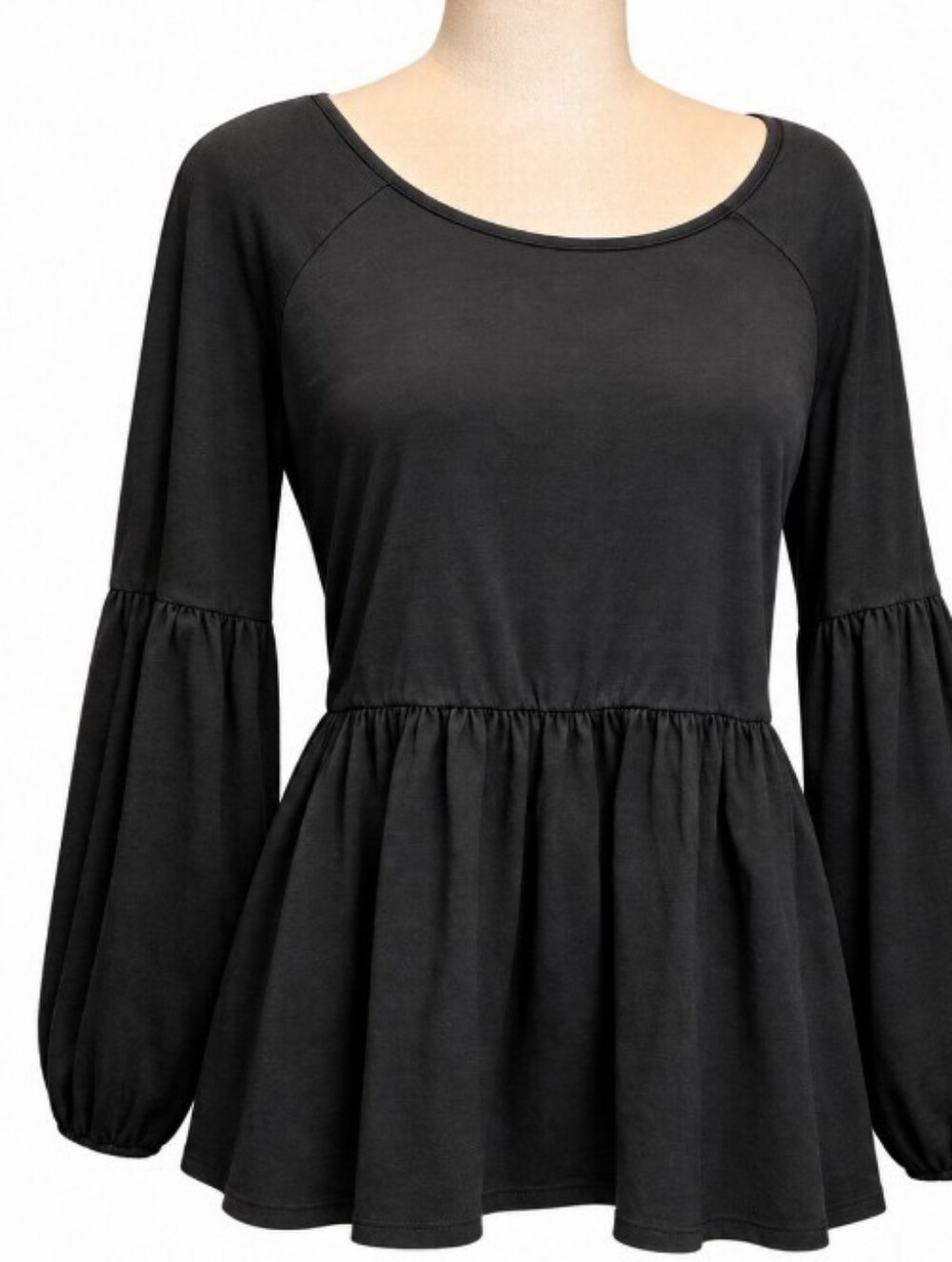 PERUVIAN CONNECTION Black Babydoll Top Women’s M Lantern Sleeve Peplum